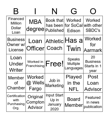 SBDC Mingle Bingo Card