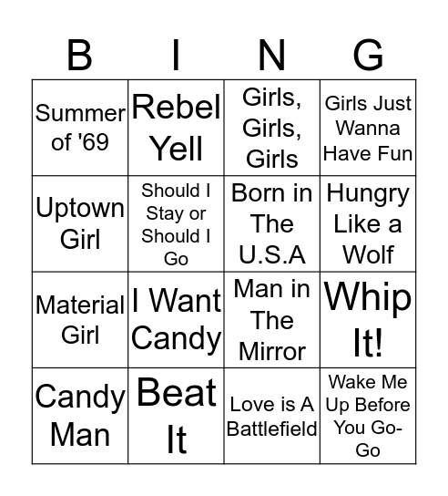 Are You A Rockstar, 80's Bingo Card