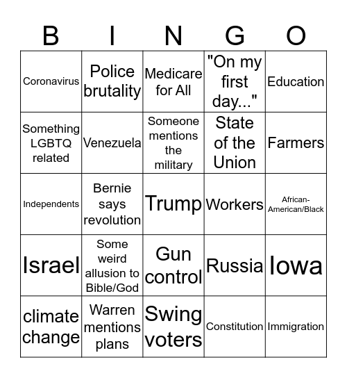 New Hampshire Debate Bingo Card