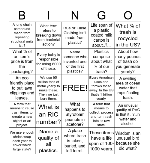 Fantastic Plastic Bingo Card