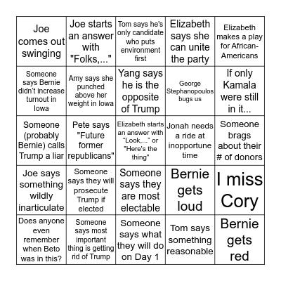 February Democratic Debate Bingo Card