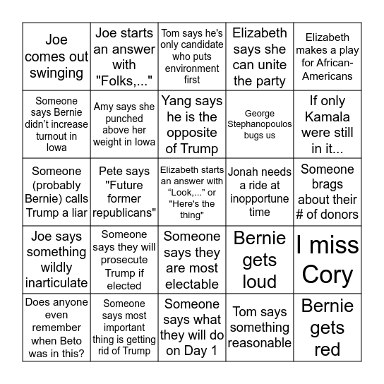 February Democratic Debate Bingo Card