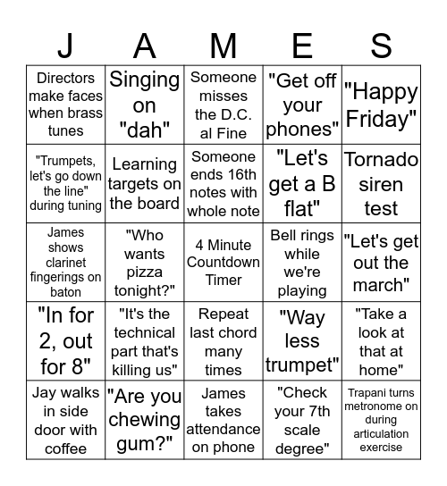 If you win, yell "James!" and you'll get to pick something from the hole in the locker room wall! Bingo Card