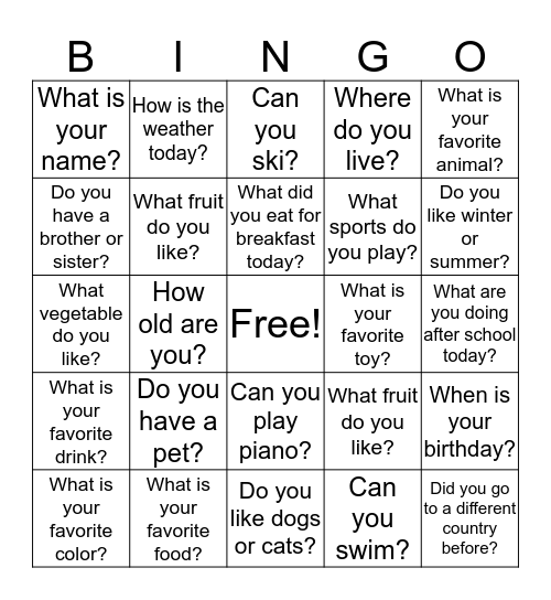 ESL Conversation Bingo Card