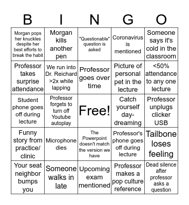 Monday Lecture Marathon Bingo Card