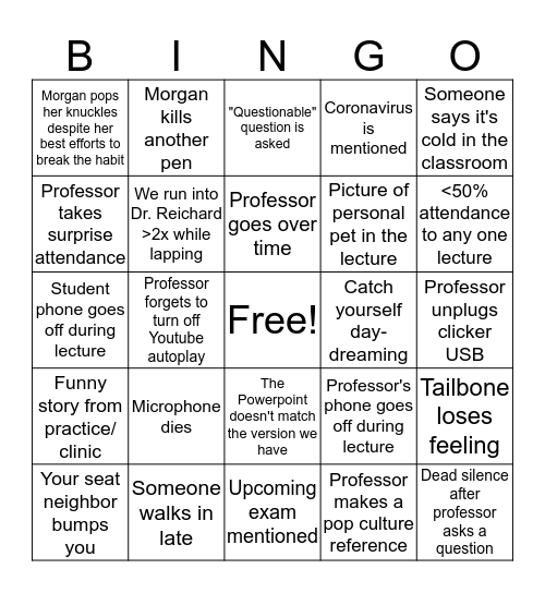 Monday Lecture Marathon Bingo Card