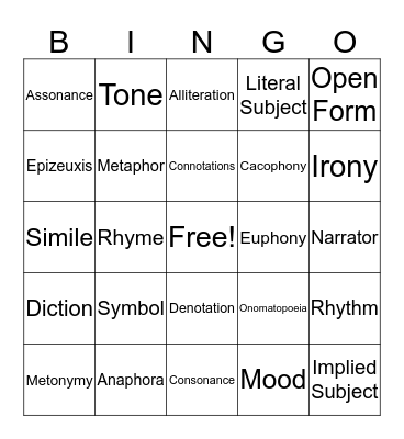 Poetry Vocab Bingo Card