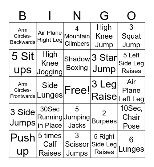 Exercising  Bingo Game Bingo Card