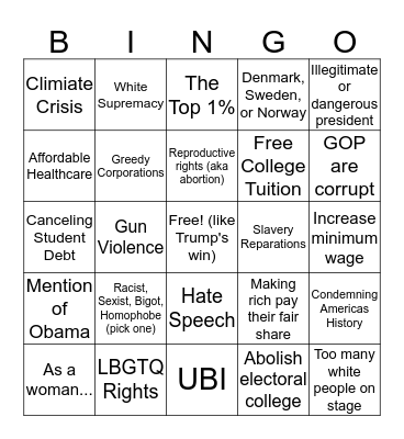Democratic Debate Bingo Card