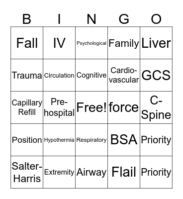 Pediatric Trauma Black-out Bingo Card