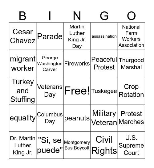 Famous Americans & US Holidays Bingo Card
