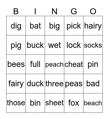 Minimal Pair Bingo Card