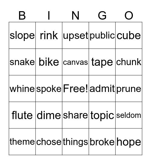 Closed Syllables and V-E words Bingo Card
