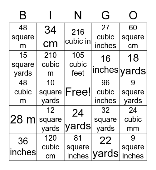 Perimeter, Area, and Volume Bingo Card