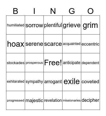 Vocabulary Bingo Card