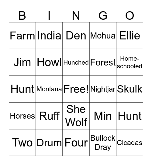 Wolf Cry Bingo Card