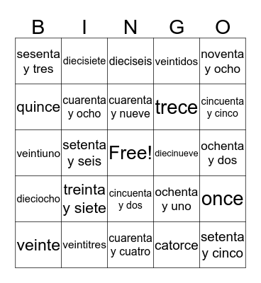 Numeros en español Bingo Card