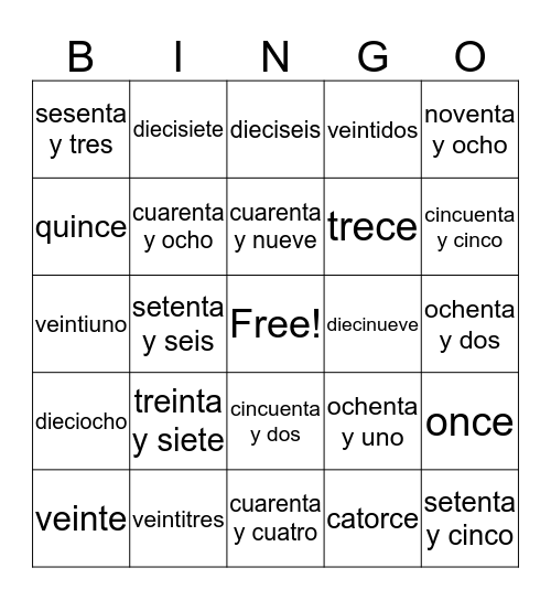 Numeros en español Bingo Card