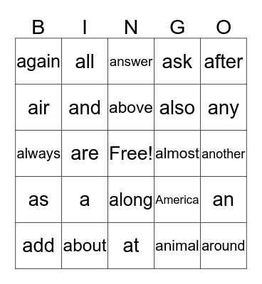 Sight Words  Bingo Card