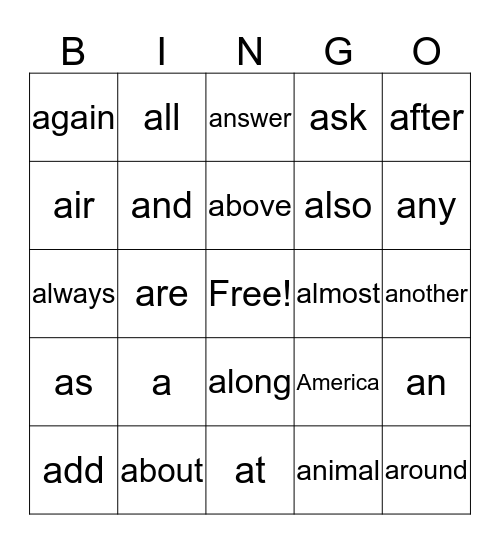 Sight Words  Bingo Card