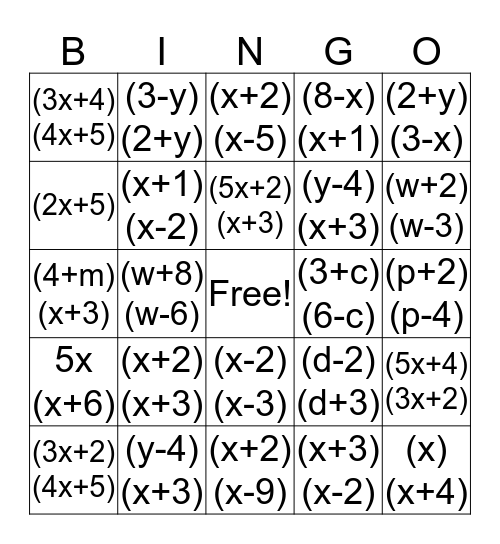 Multiplying Polynomials  Bingo Card