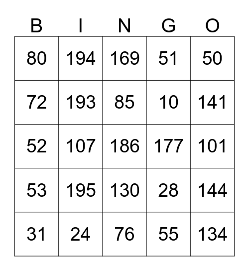 Numbers Bingo Card