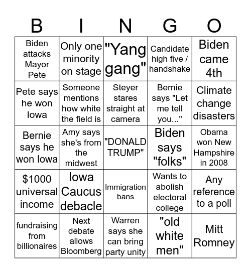 Democratic Debate Bingo! Bingo Card