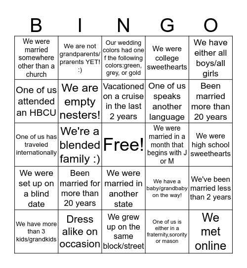 Couples Human Bingo  Bingo Card