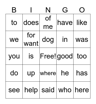 Sight Words  Bingo Card