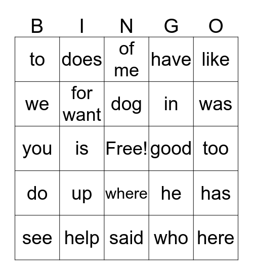 Sight Words  Bingo Card