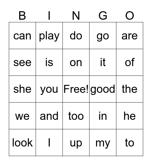 Sight Words  Bingo Card