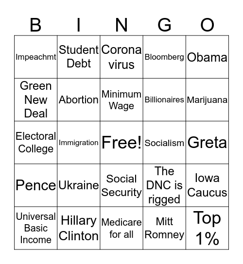 Democratic Debate 2020 Bingo Card