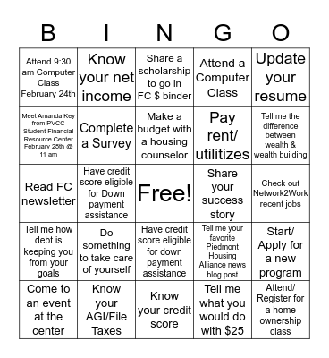 February Community Wealth Building Bingo Card