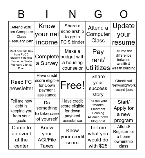February Community Wealth Building Bingo Card