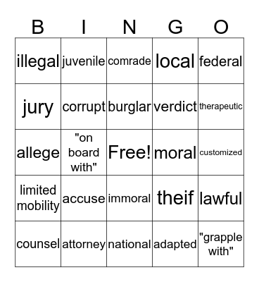 Vocabulary Review Bingo Card