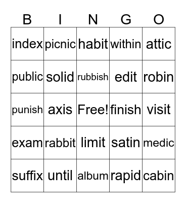 Closed Syllables Bingo Card