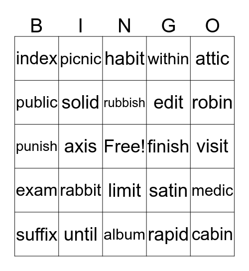 Closed Syllables Bingo Card