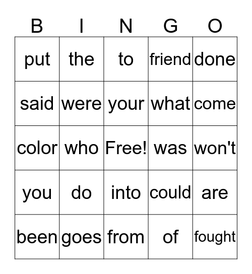 Sight Word BINGO Card