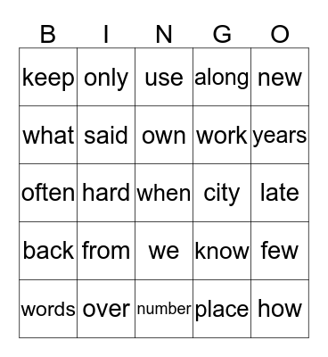 Fry Words Bingo Card