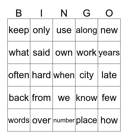 Fry Words Bingo Card