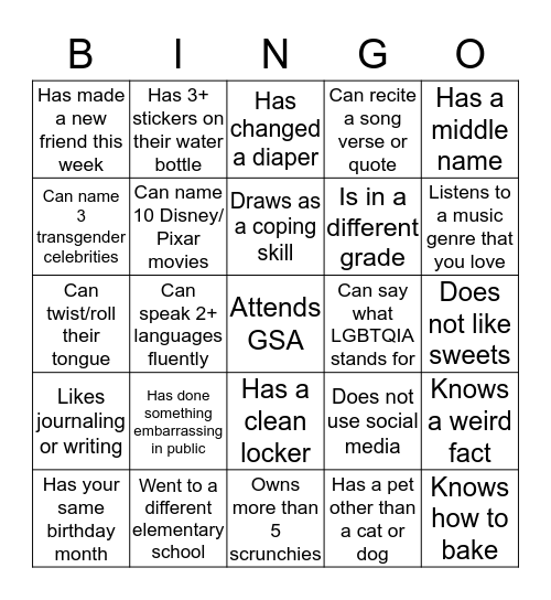 GSA: Getting to Know You Bingo Card