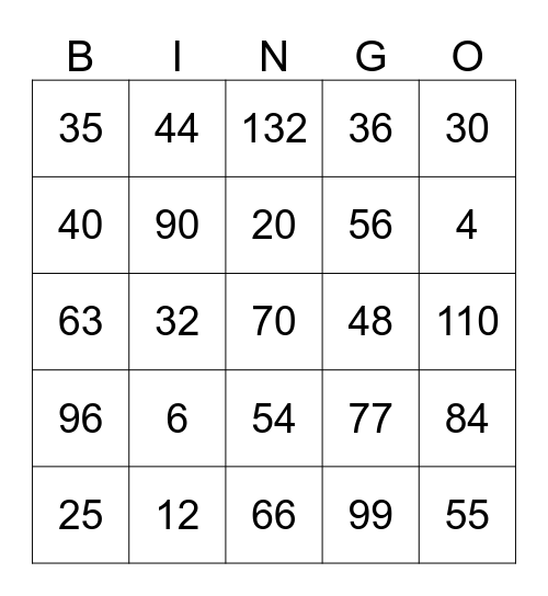 MULTIPLICATION FACT BINGO Card