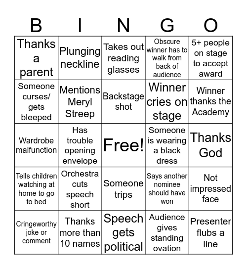 Oscars Bingo Card