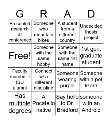 Late Nights with the Graduate School Bingo Card