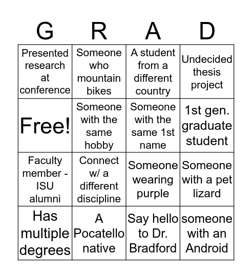 Late Nights with the Graduate School Bingo Card