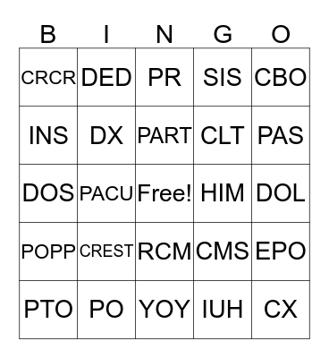 SCA Acronym Bingo Card