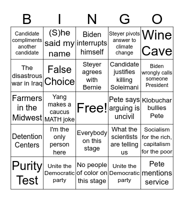 Democratic Debate bingo Card