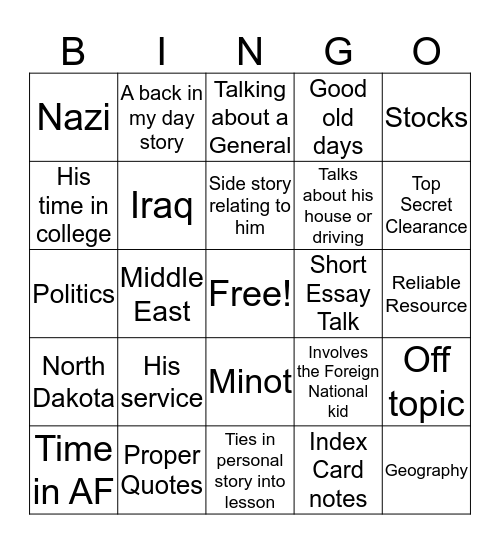 Shack Daddy Bingo Card