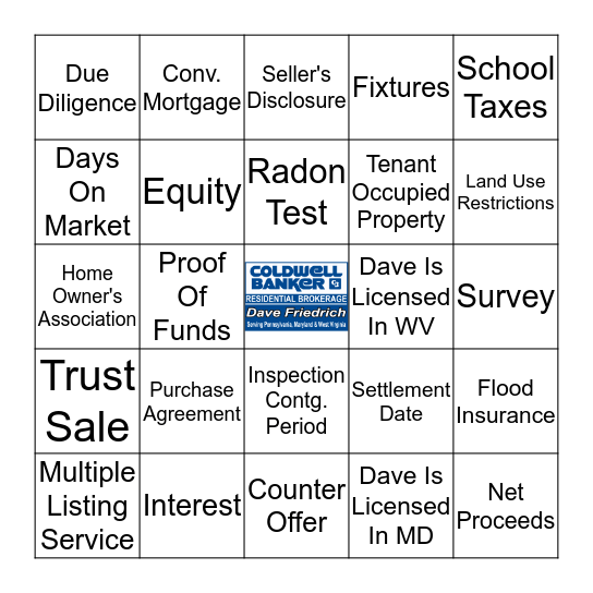 Dave's Real Estate Bingo Card