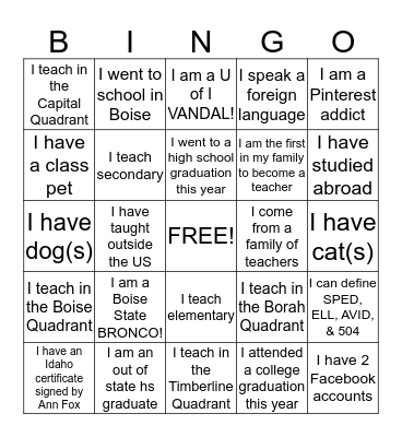 Educator's Bingo Card